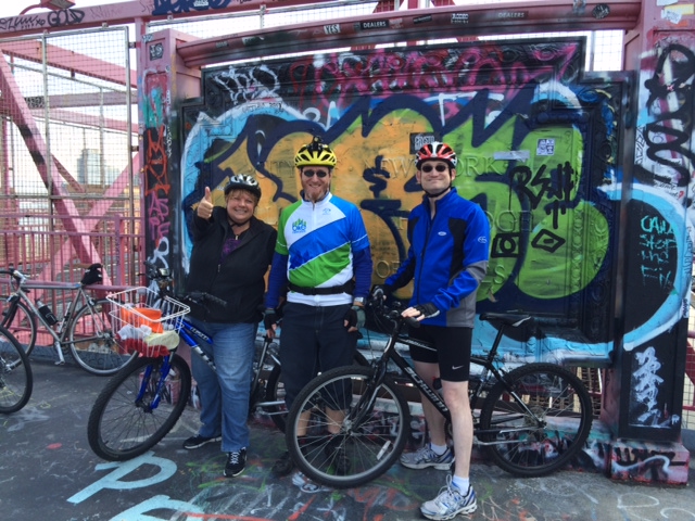 #SomeNerve teammate Cindy P.; Bike New York's Education Director, Rich Conroy; and my husband at the top of the Williamsburg Bridge!