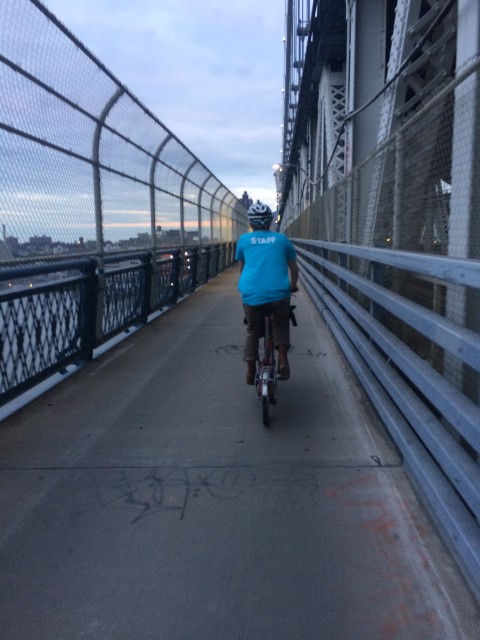 Sam on his new Brompton, following this year's Bike Expo New York 