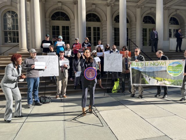 Councilman Carlina Rivera addressing rally attendees